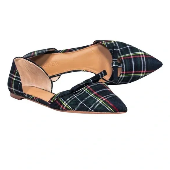 Crew Shoes J Crew Plaid Pointed Toe Slip On Flats With Bow